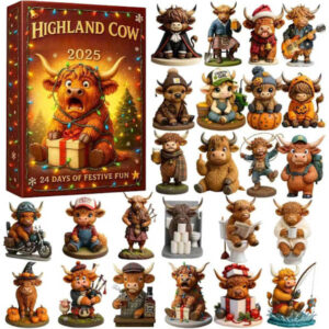 Adventskalender med djur, 3D-figurer, 24 delar Highland Cow-prydnader för julgran | För hem, vardagsrum, bondgård, fest, öppen spis, sängbord
