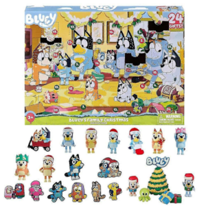Jul Adventskalender 2025, 24 dagar nedräkningskalendrar, tecknat tema Bluey figurer docka överraskning