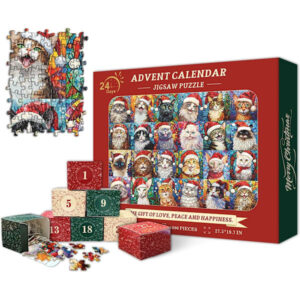 Jul Adventskalender Pussel för Vuxna 1000 Bitar Katt Mosaik Nedräkningskalender Färgglada Djur Julpussel som Dekoration